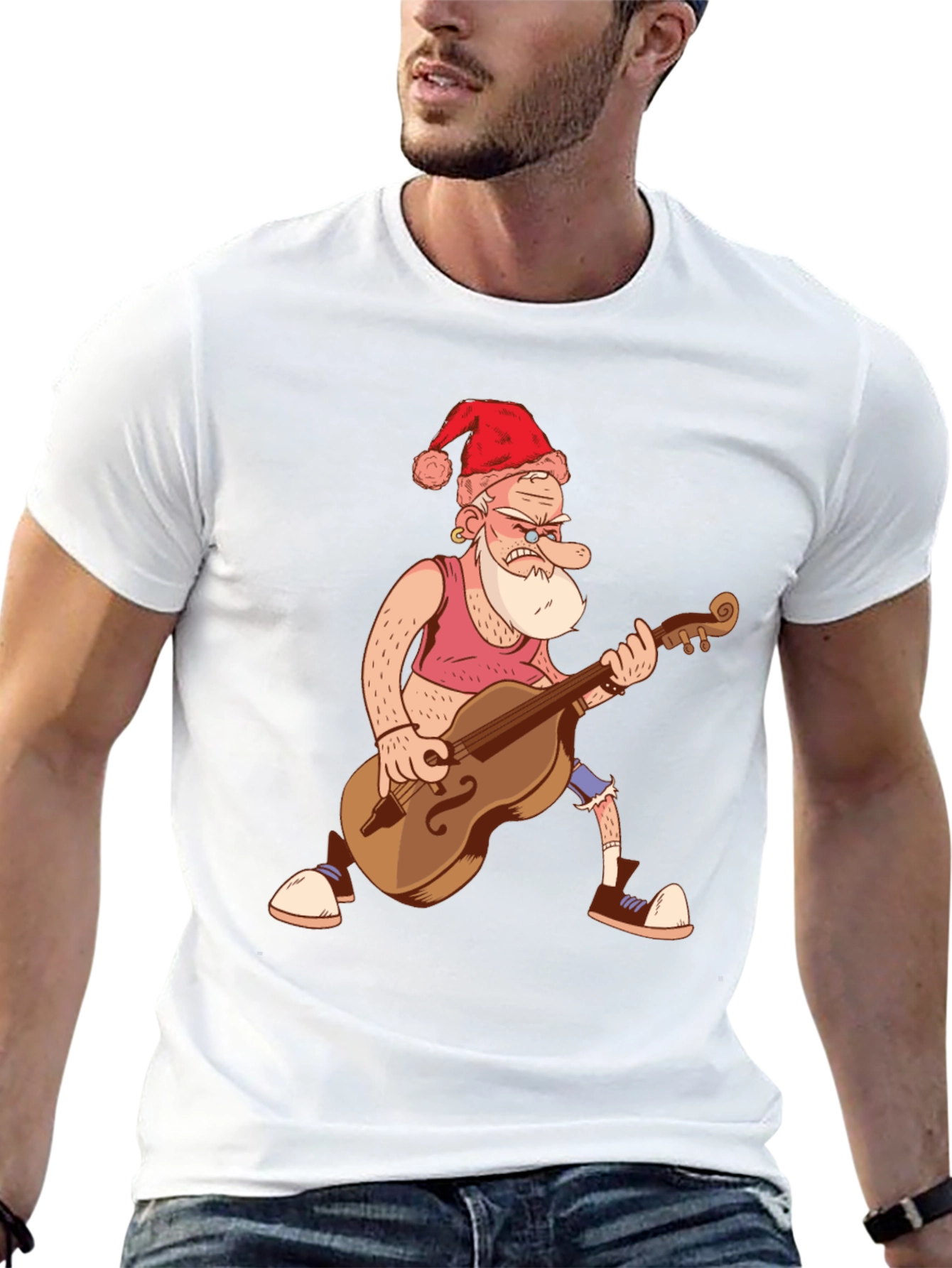 Santa Bass Player T-Shirt - Black Cotton Tee