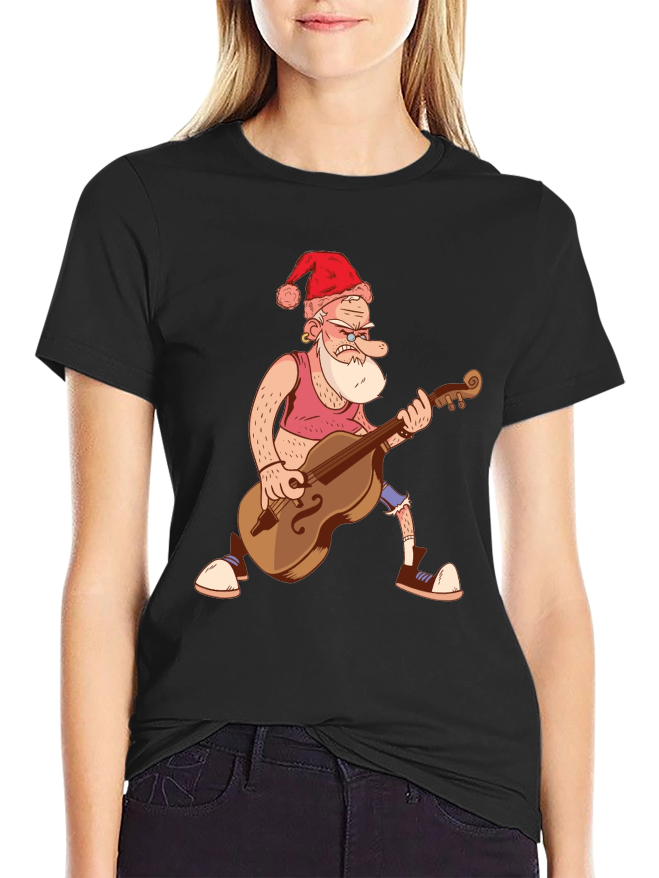 Santa Bass Player T-Shirt - Black Cotton Tee