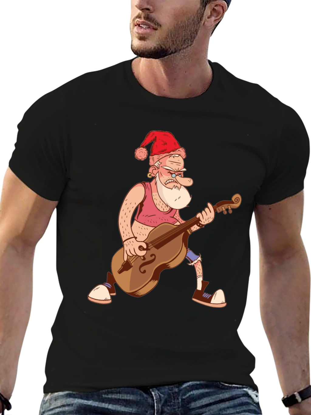 Santa Bass Player T-Shirt - Black Cotton Tee