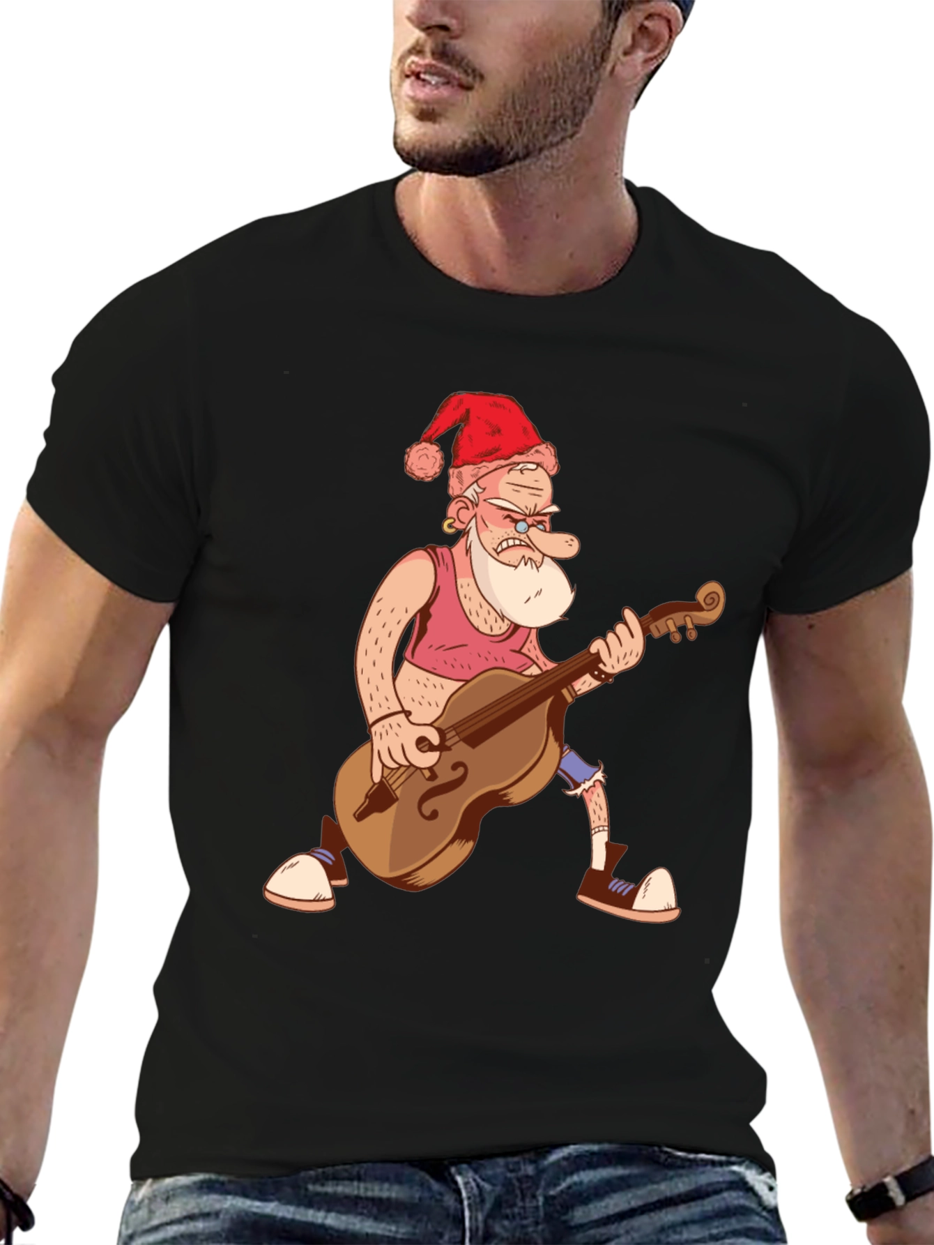 Santa Bass Player T-Shirt - Black Cotton Tee