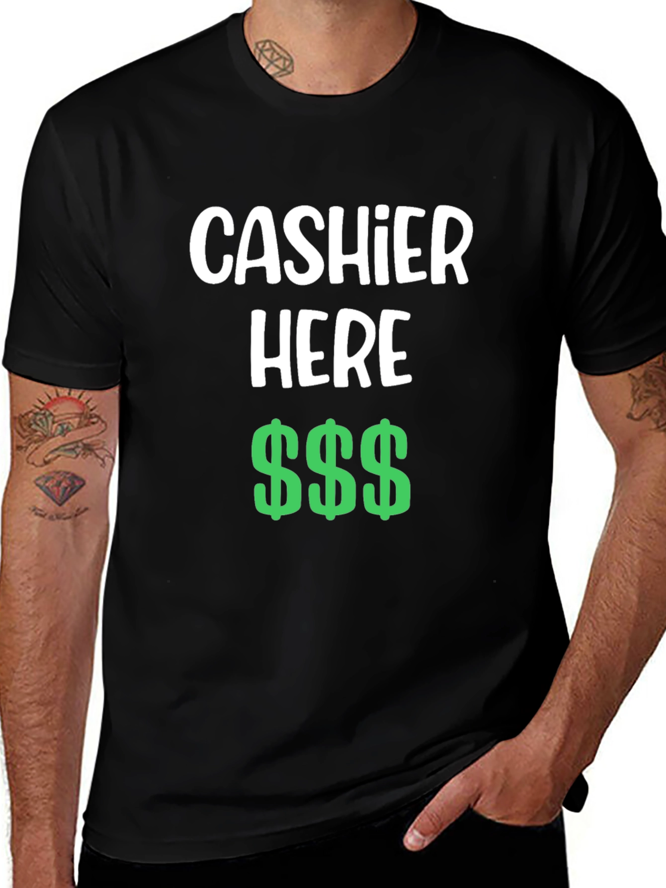 Cashier Here Funny T-Shirt - Black Crew Neck Tee