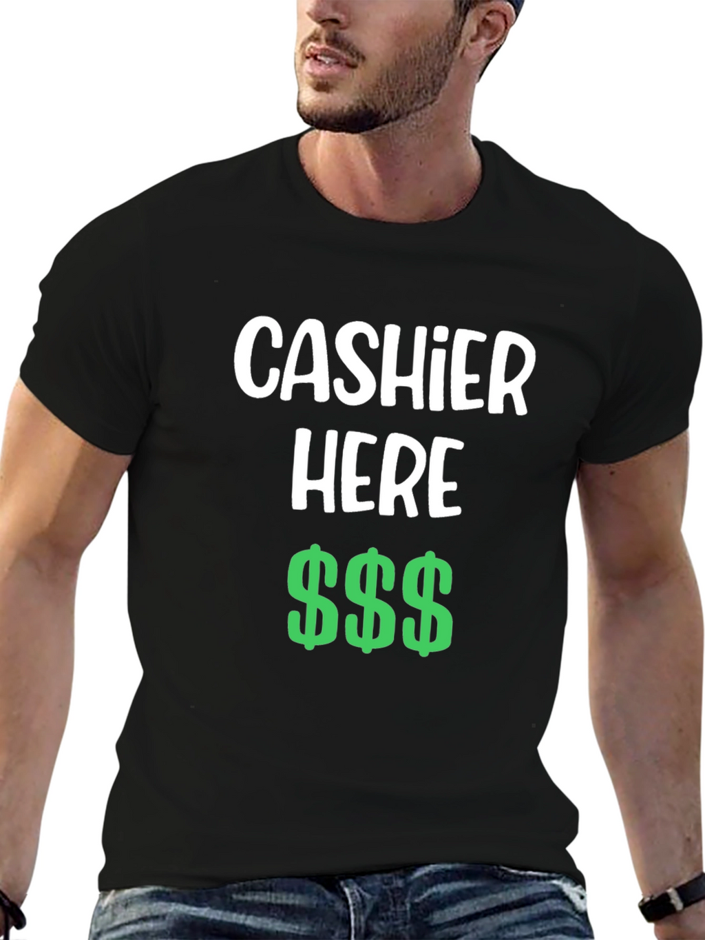 Cashier Here Funny T-Shirt - Black Crew Neck Tee