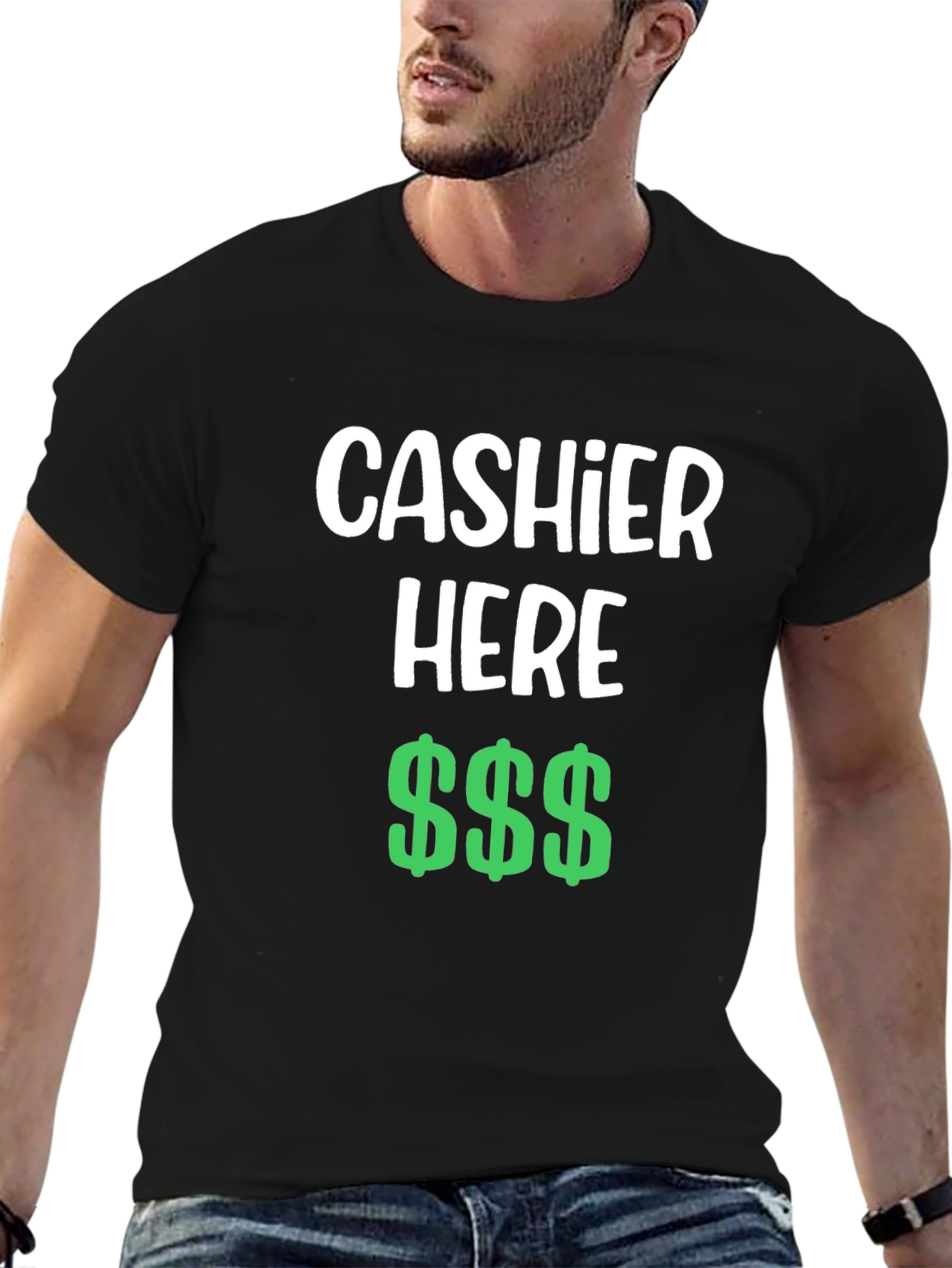Cashier Here Funny T-Shirt - Black Crew Neck Tee