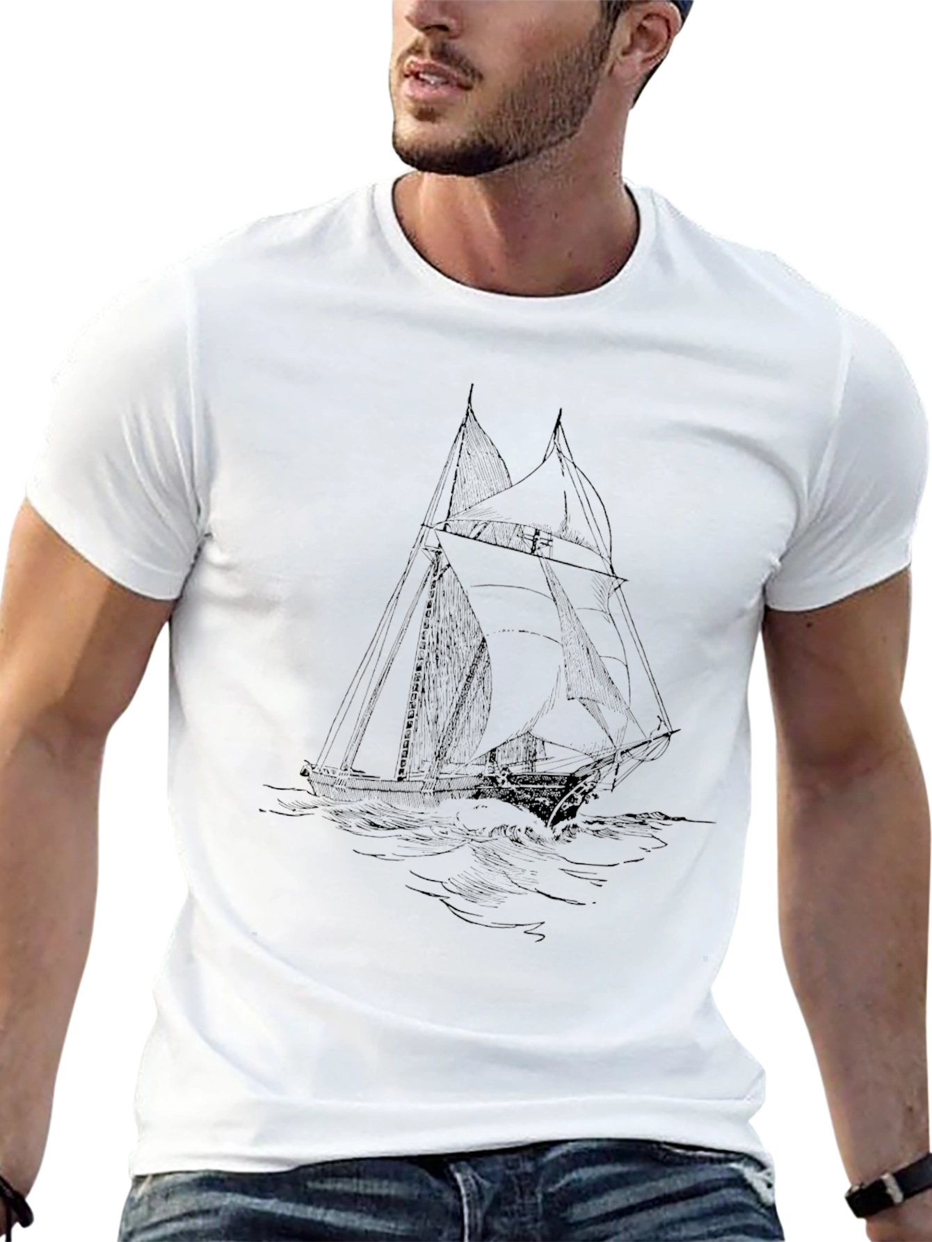 Nautical Sailboat Graphic Tee - Black Cotton T-Shirt