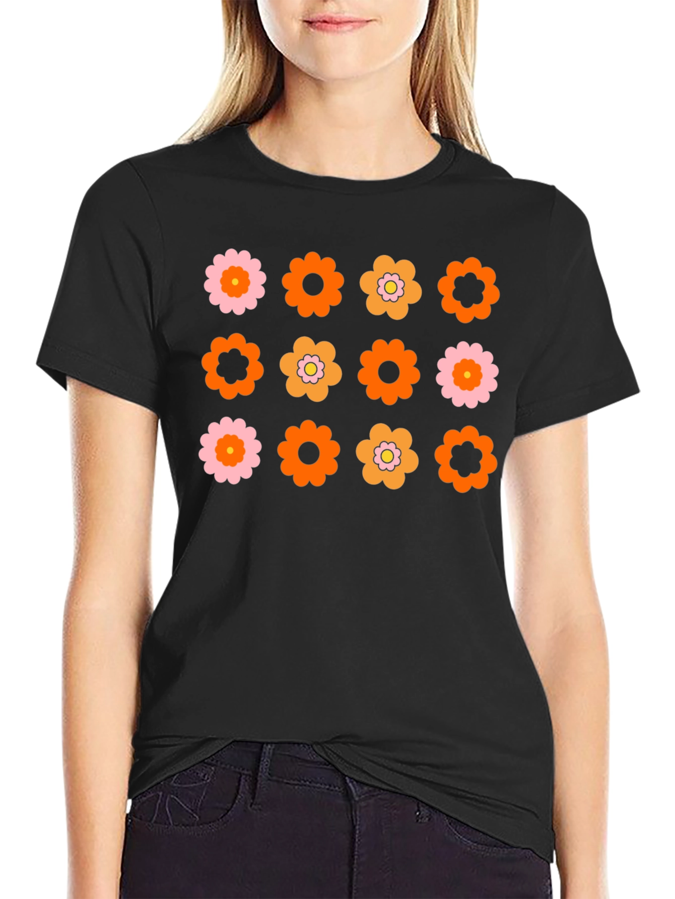 Retro Flower Power Graphic Tee - Black