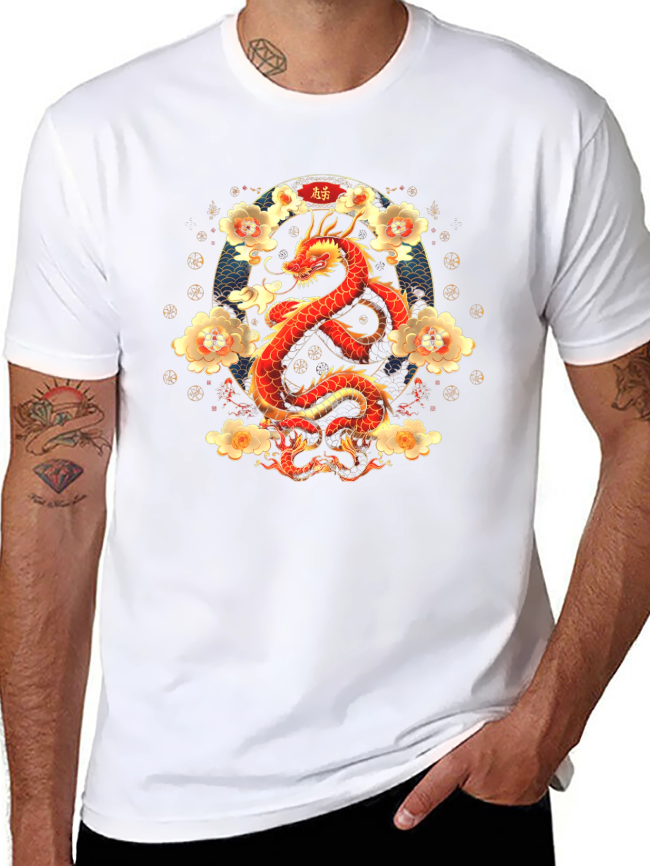 Dragon and Floral Print T-Shirt