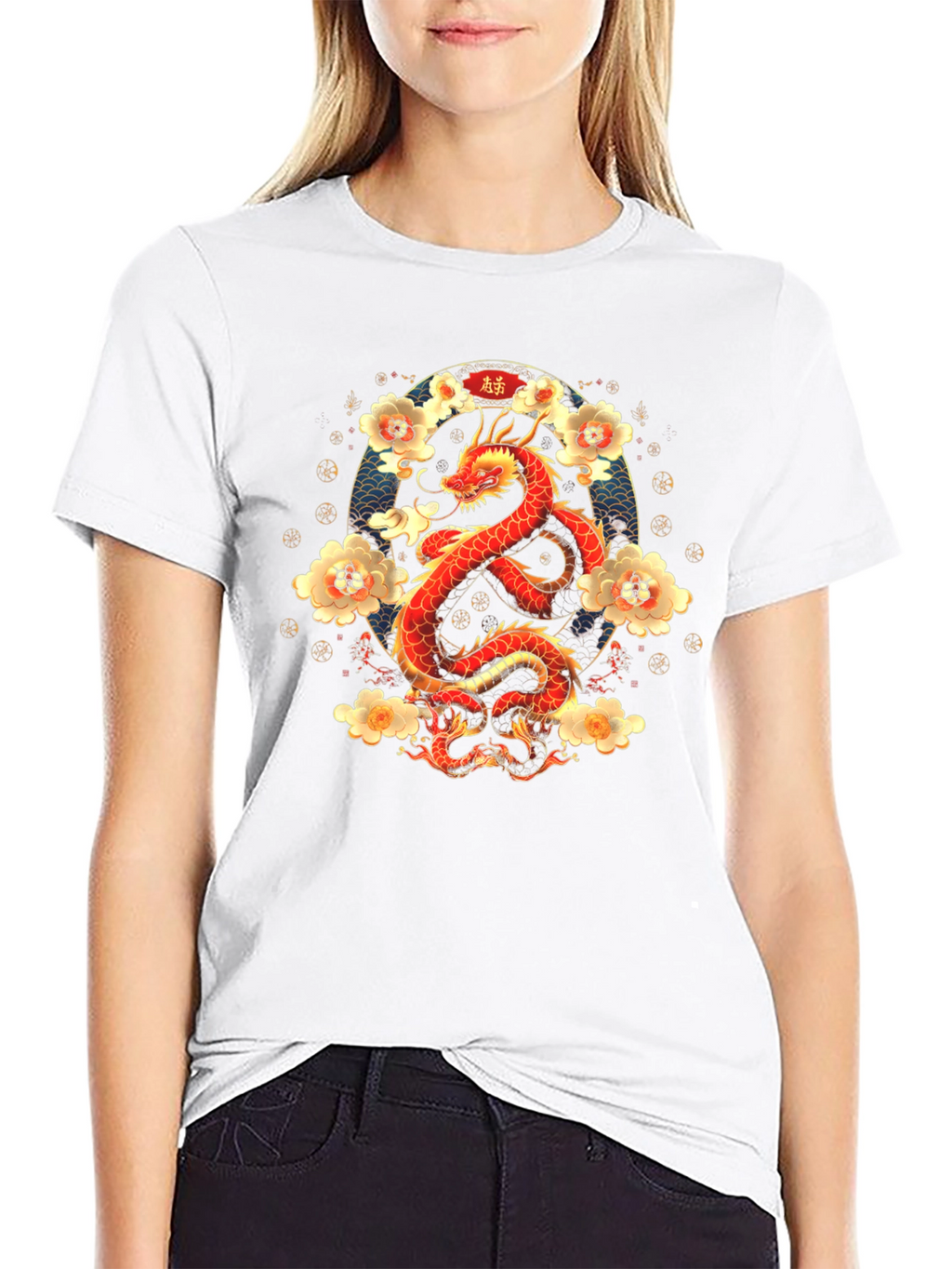 Dragon and Floral Print T-Shirt