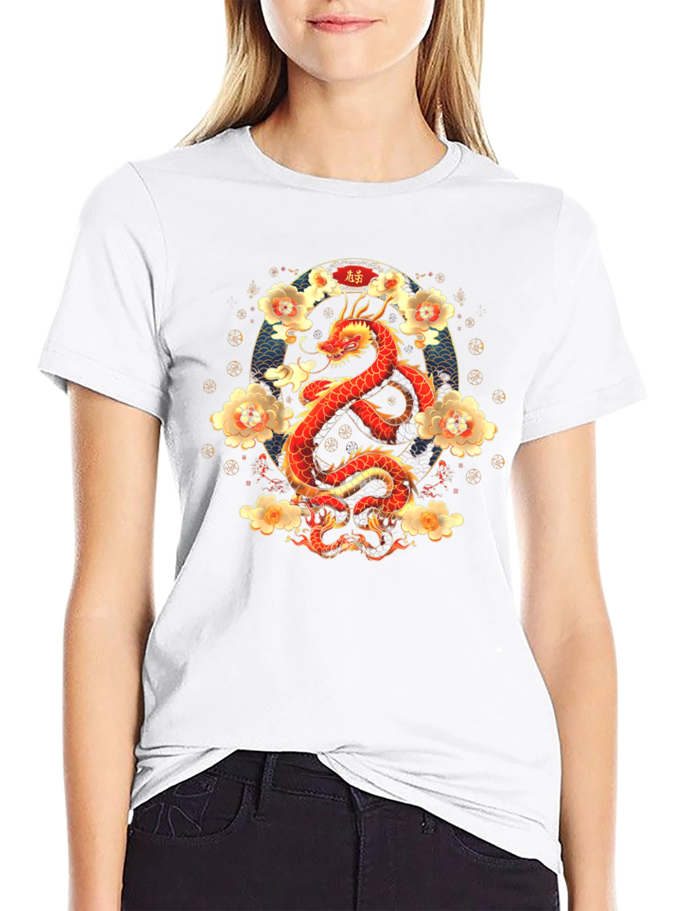 Dragon and Floral Print T-Shirt