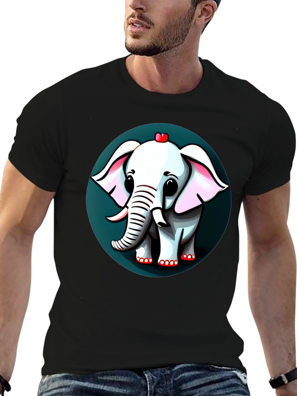 Cute Elephant Cartoon Graphic Tee - Black