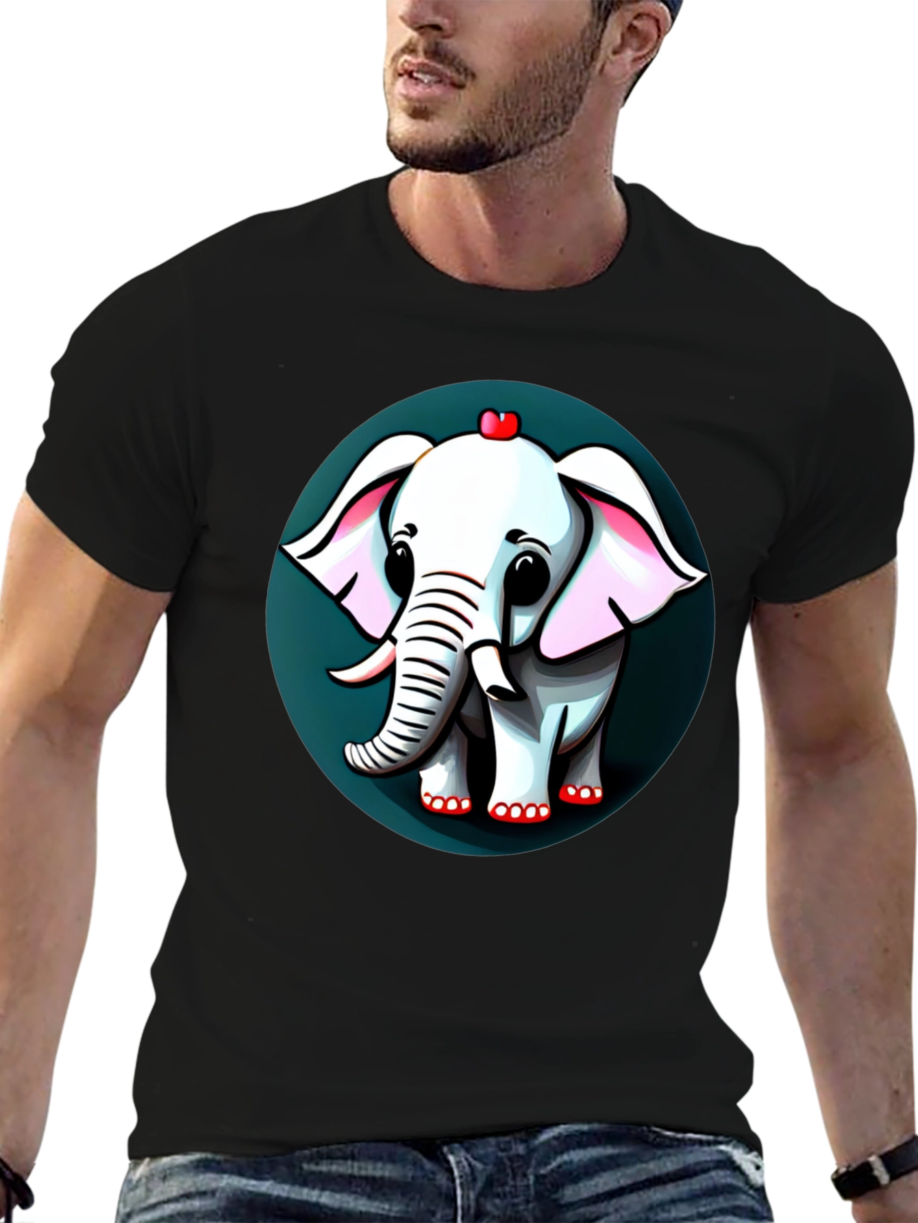 Cute Elephant Cartoon Graphic Tee - Black