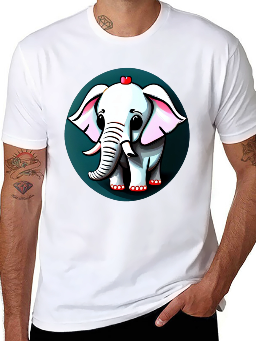 Cute Elephant Cartoon Graphic Tee - Black