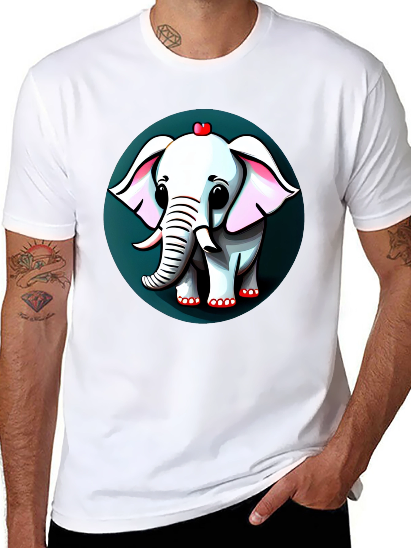 Cute Elephant Cartoon Graphic Tee - Black
