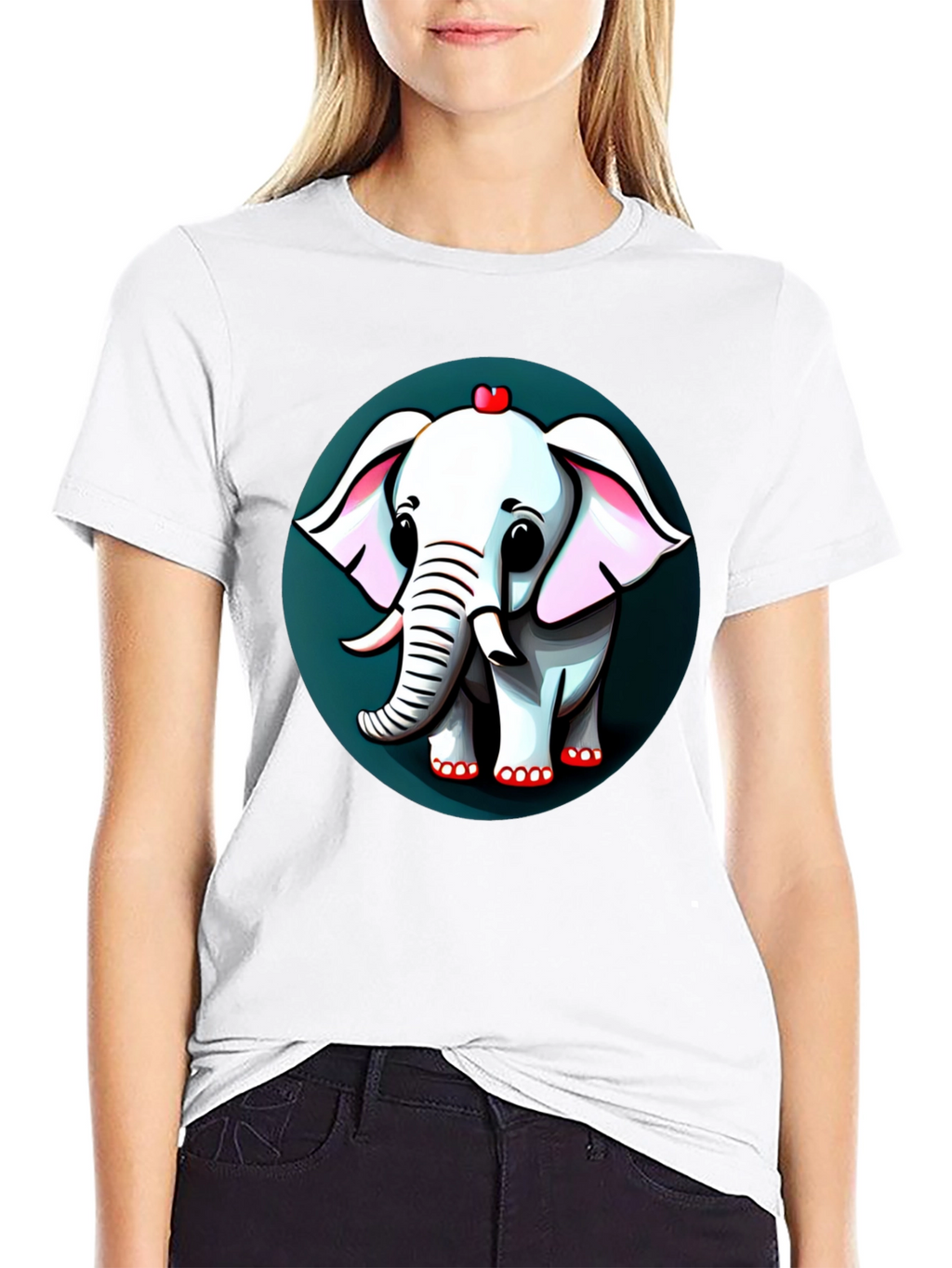 Cute Elephant Cartoon Graphic Tee - Black