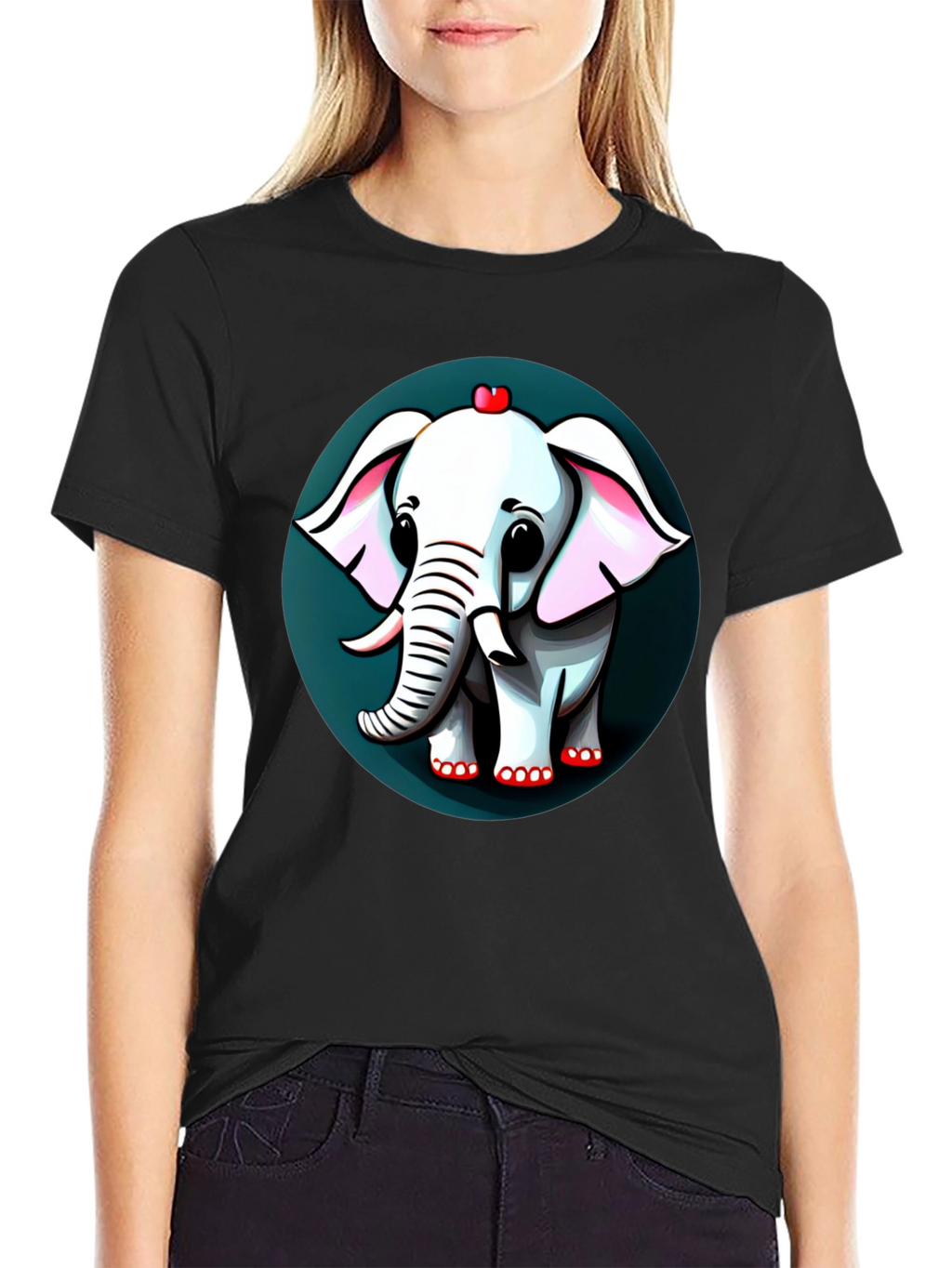 Cute Elephant Cartoon Graphic Tee - Black