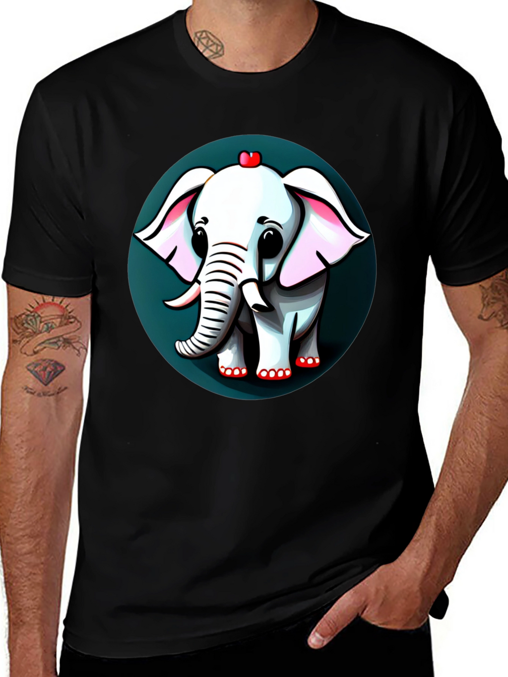 Cute Elephant Cartoon Graphic Tee - Black