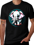 Cute Elephant Cartoon Graphic Tee - Black