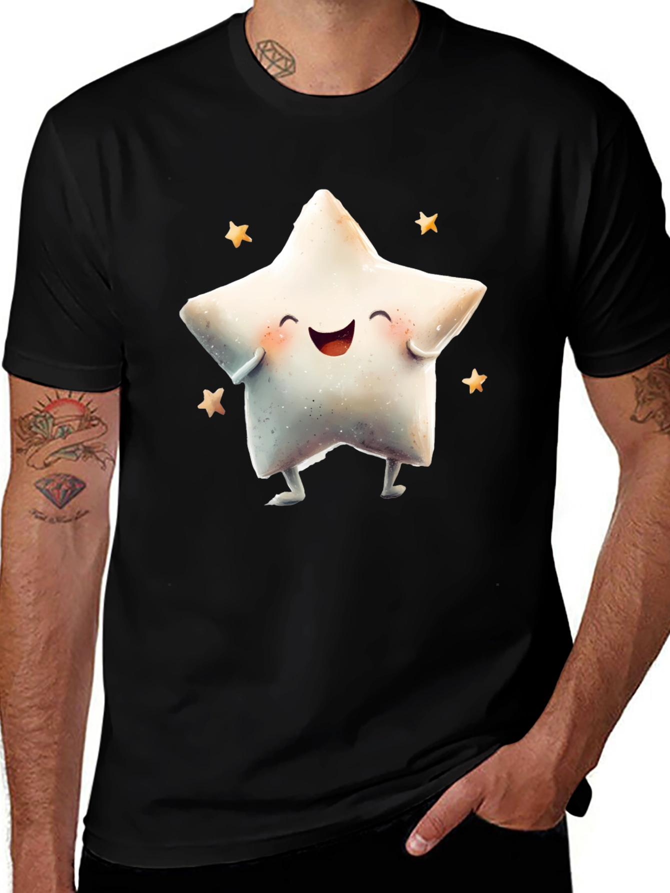 Cute Star Graphic Tee - Black Cotton Blend T-Shirt