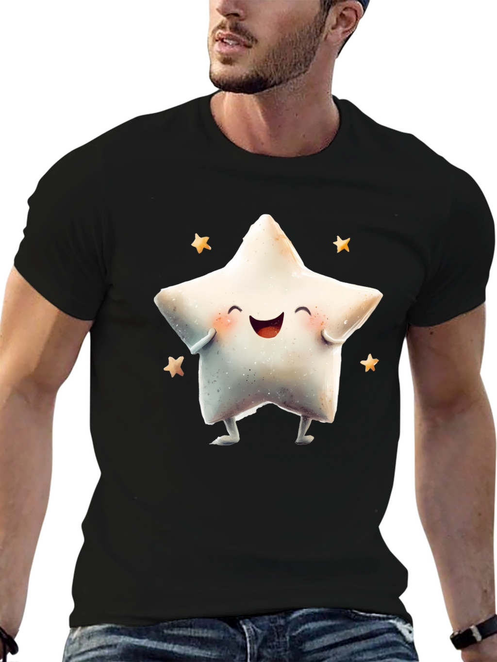 Cute Star Graphic Tee - Black Cotton Blend T-Shirt
