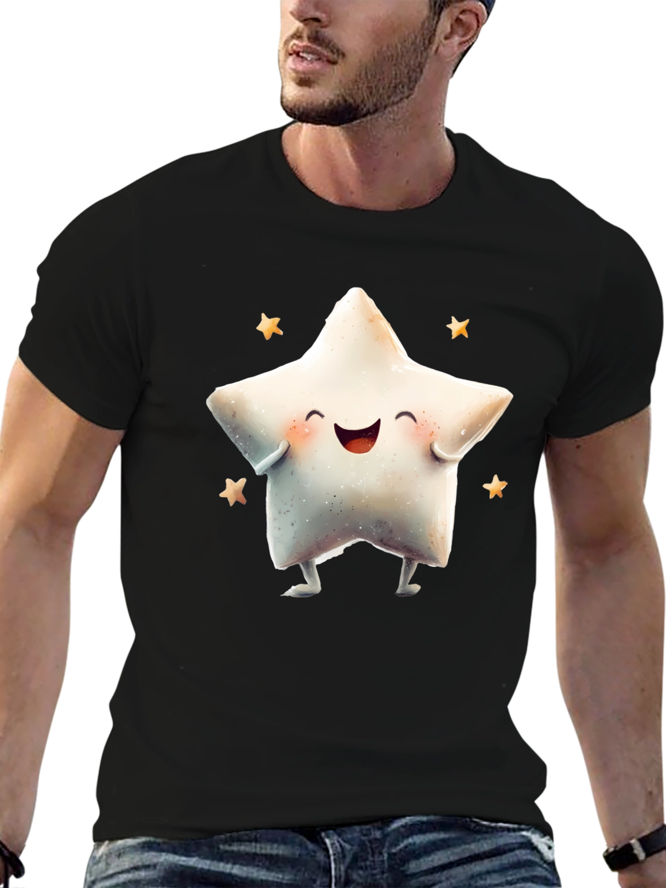 Cute Star Graphic Tee - Black Cotton Blend T-Shirt