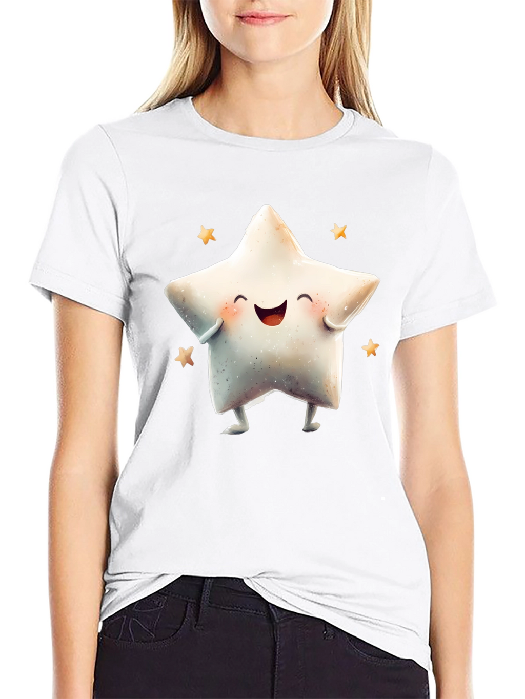 Cute Star Graphic Tee - Black Cotton Blend T-Shirt