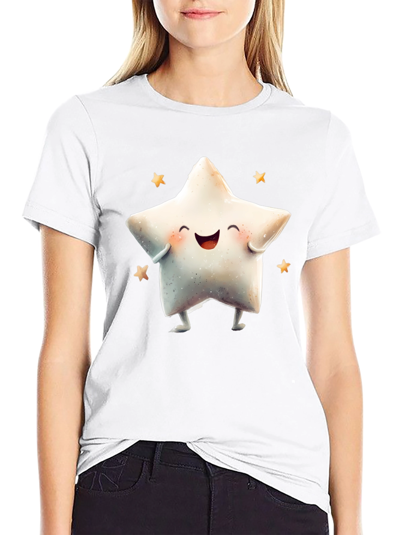 Cute Star Graphic Tee - Black Cotton Blend T-Shirt