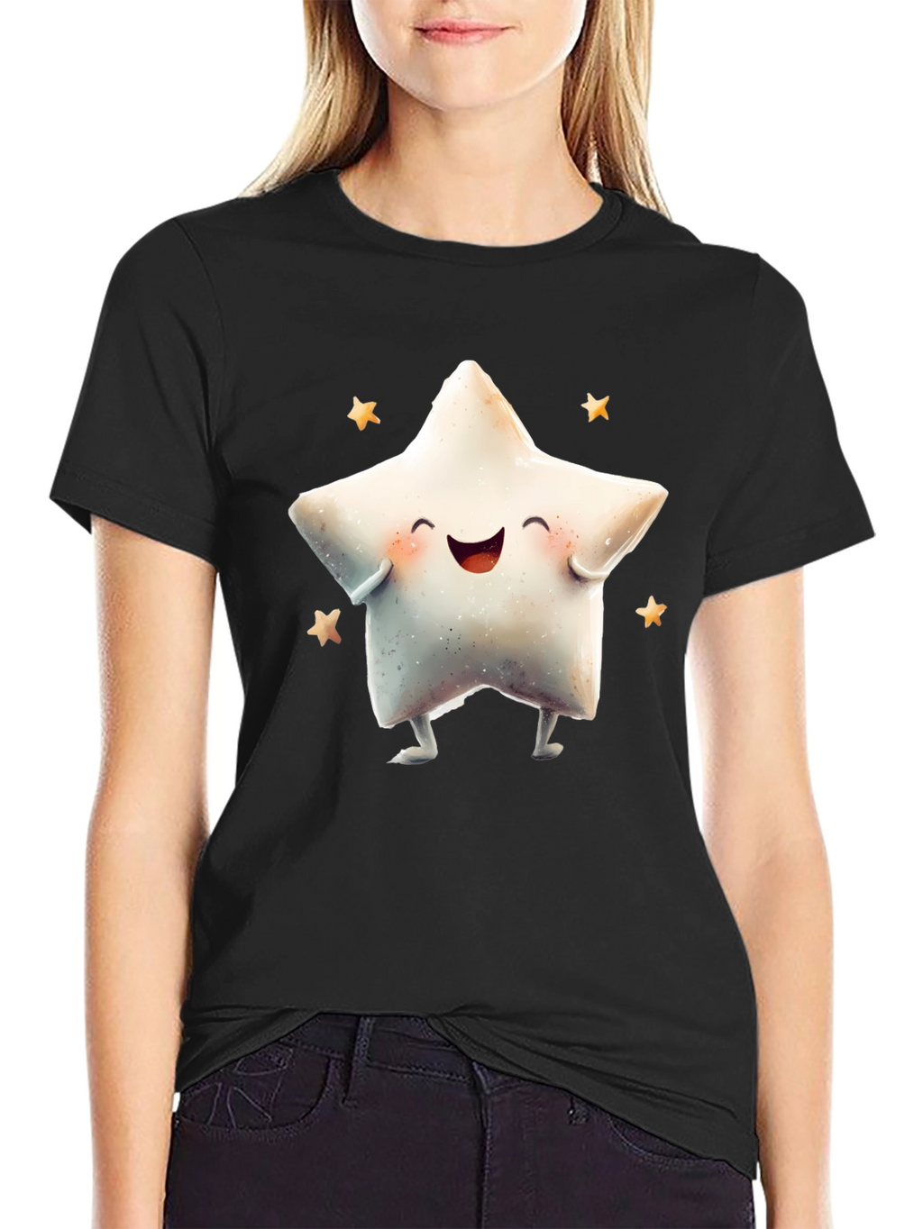 Cute Star Graphic Tee - Black Cotton Blend T-Shirt