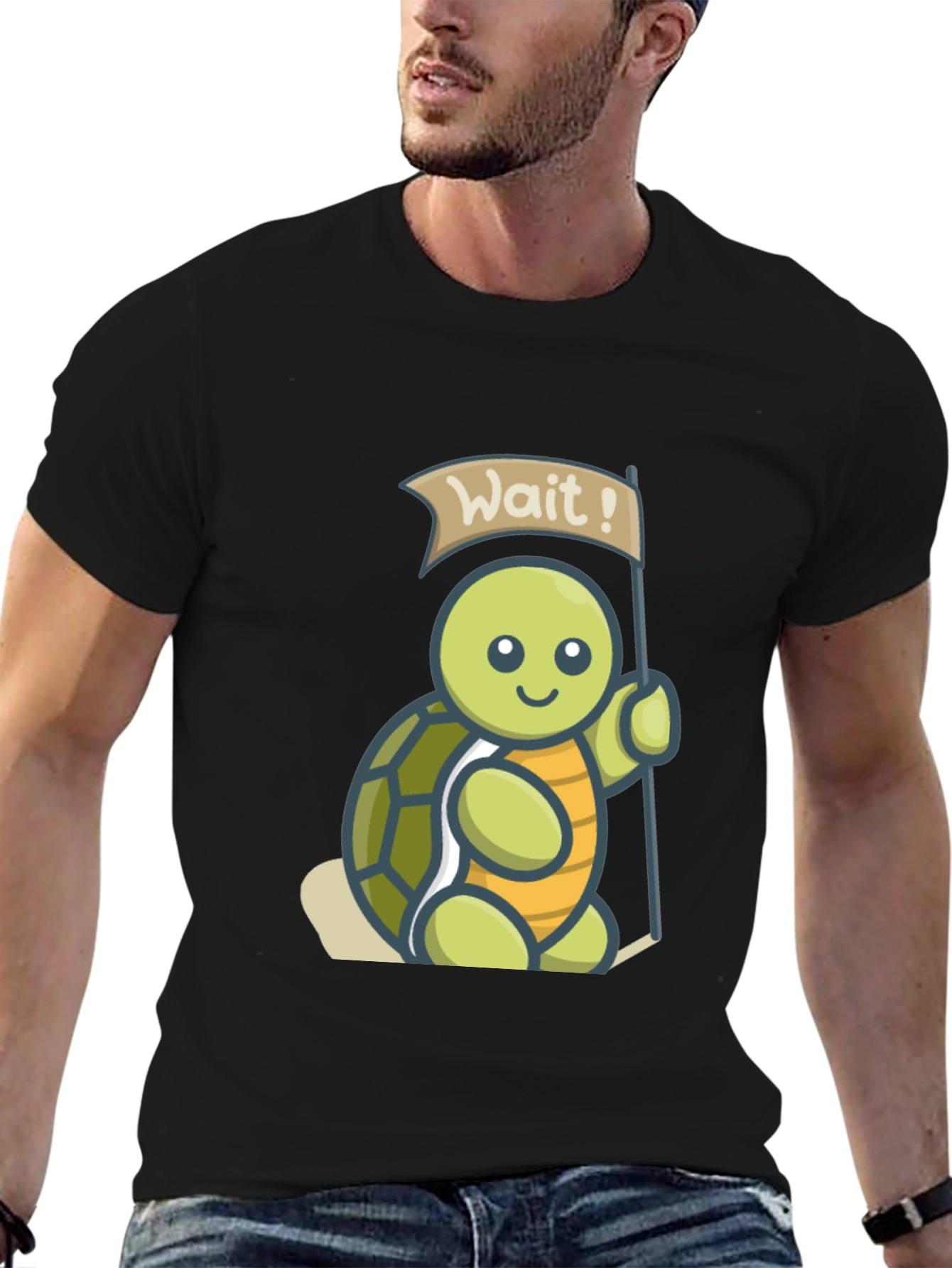 Cute Turtle Wait! Graphic Black T-Shirt