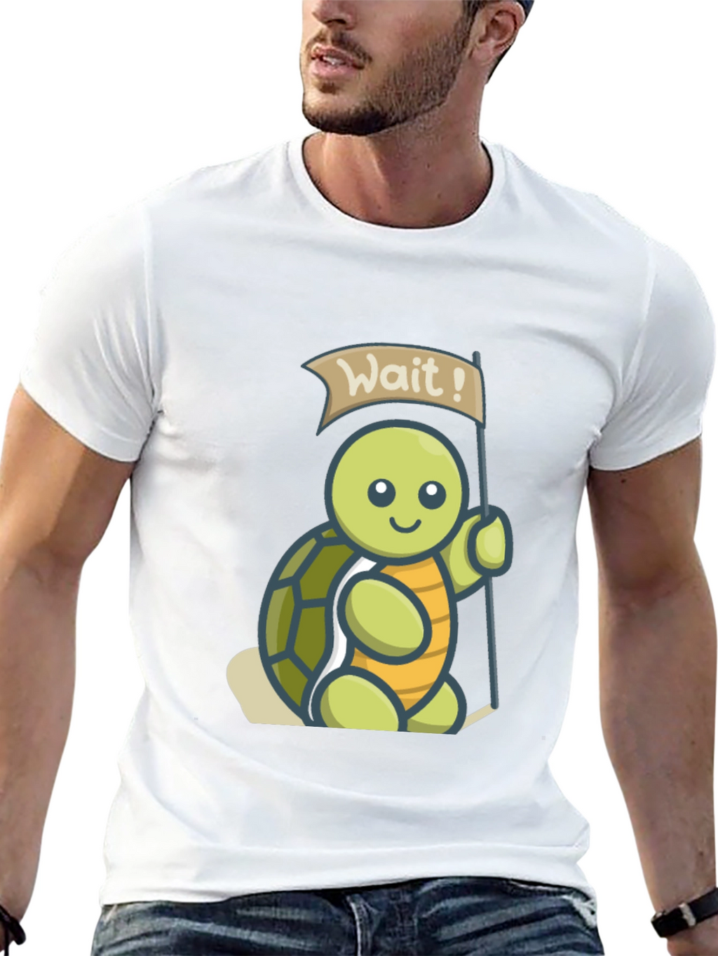 Cute Turtle Wait! Graphic Black T-Shirt