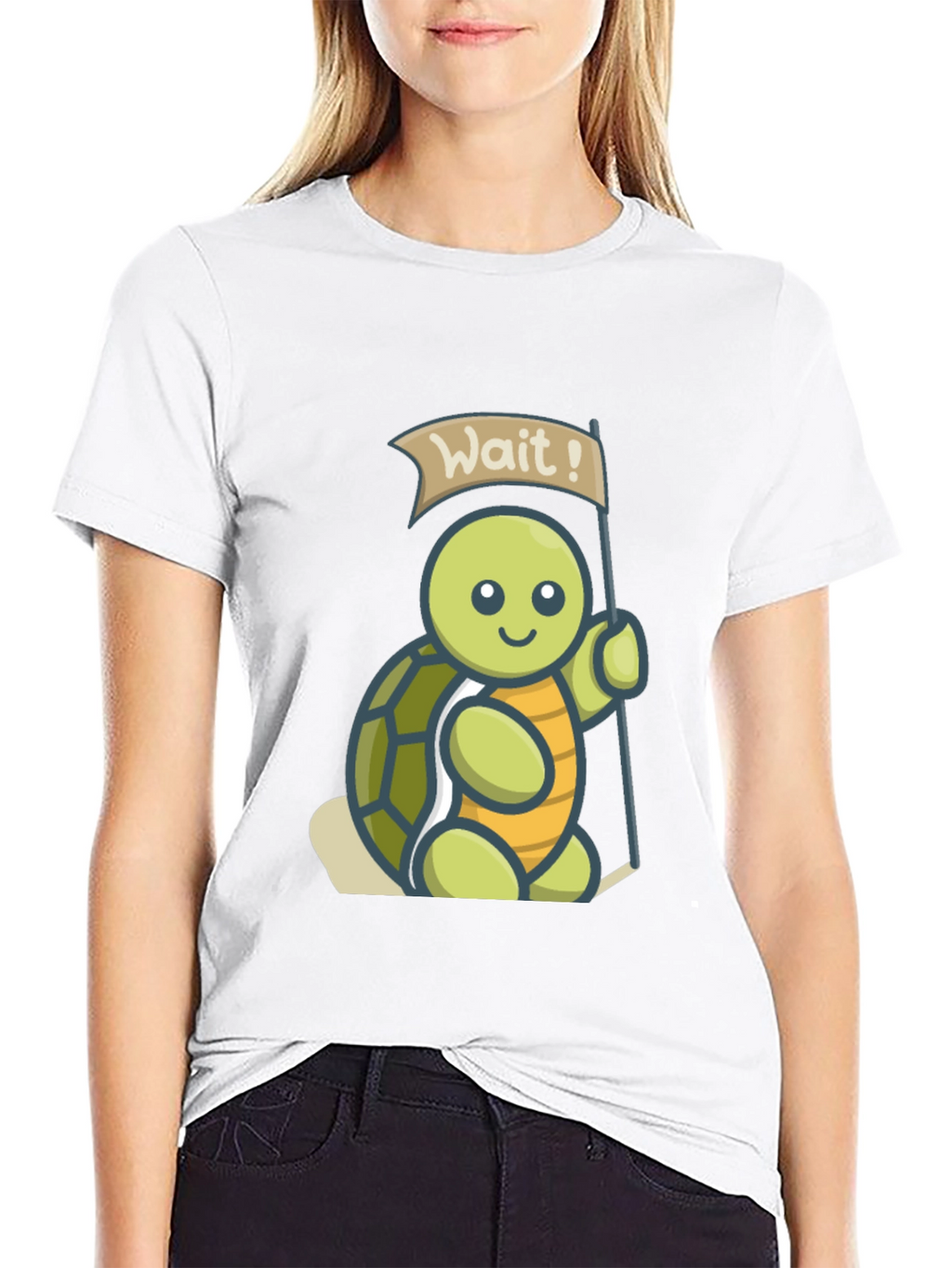 Cute Turtle Wait! Graphic Black T-Shirt