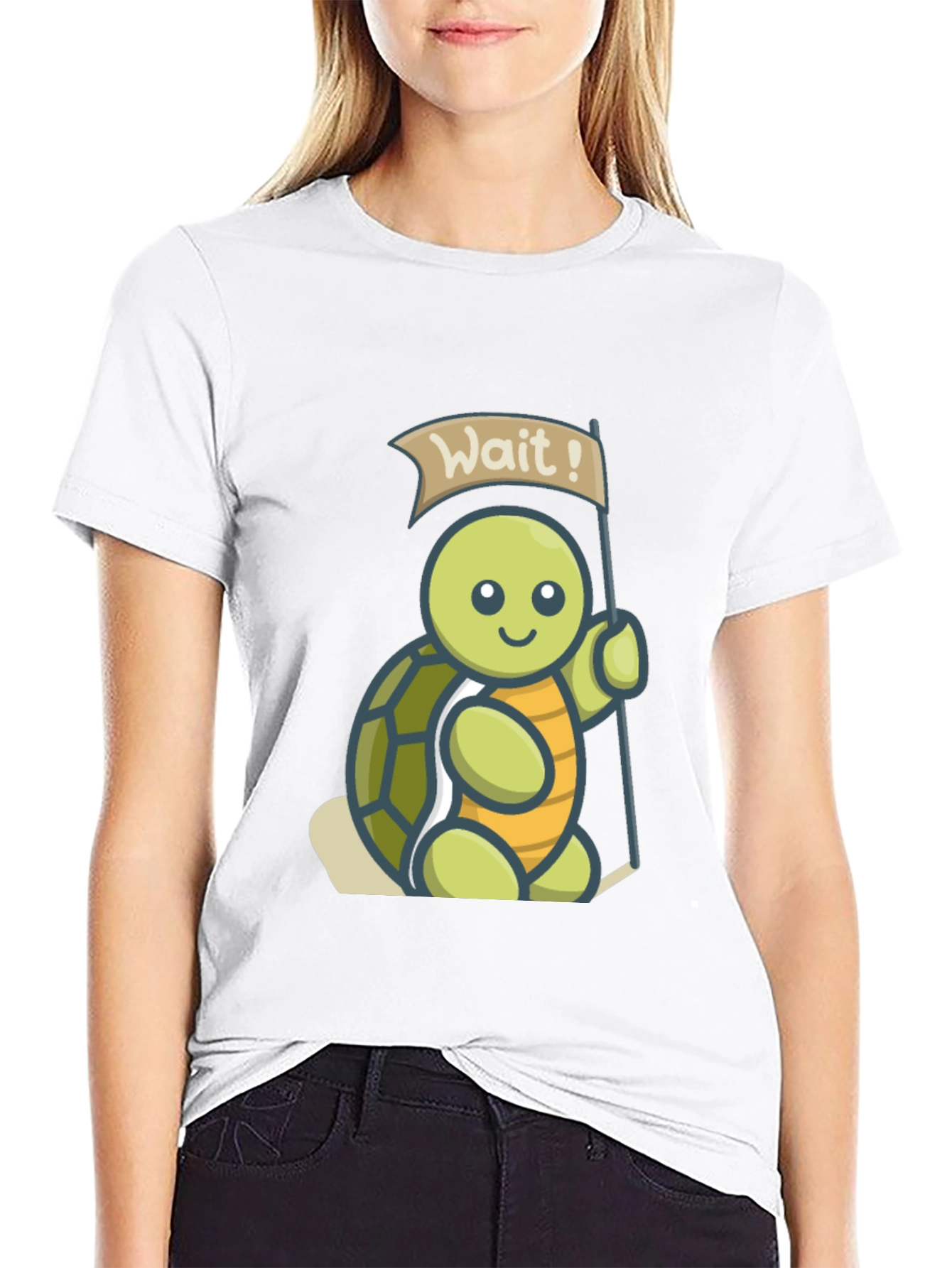 Cute Turtle Wait! Graphic Black T-Shirt