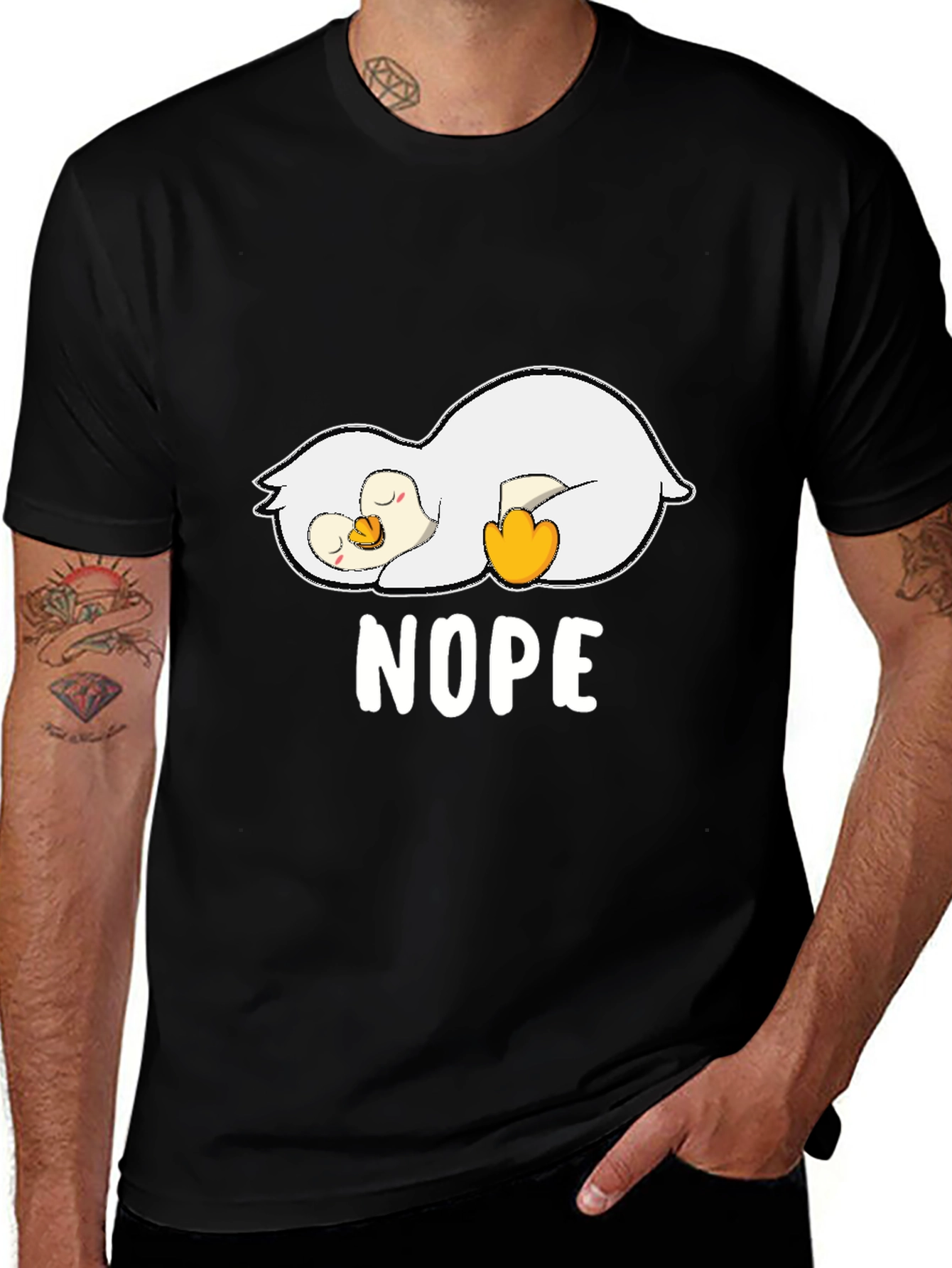 Nope Lazy Penguin Graphic T-Shirt - Black