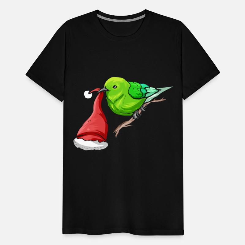 Little Green Bird Carrying Santas Hat In Beak On