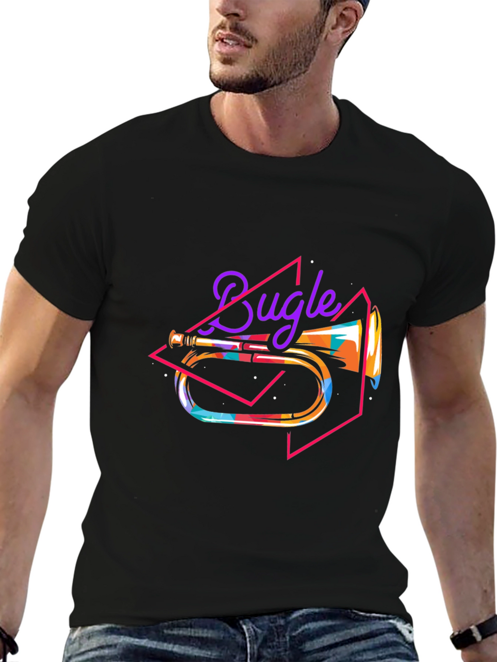 Retro Bugle Graphic Tee - Black Cotton T-Shirt