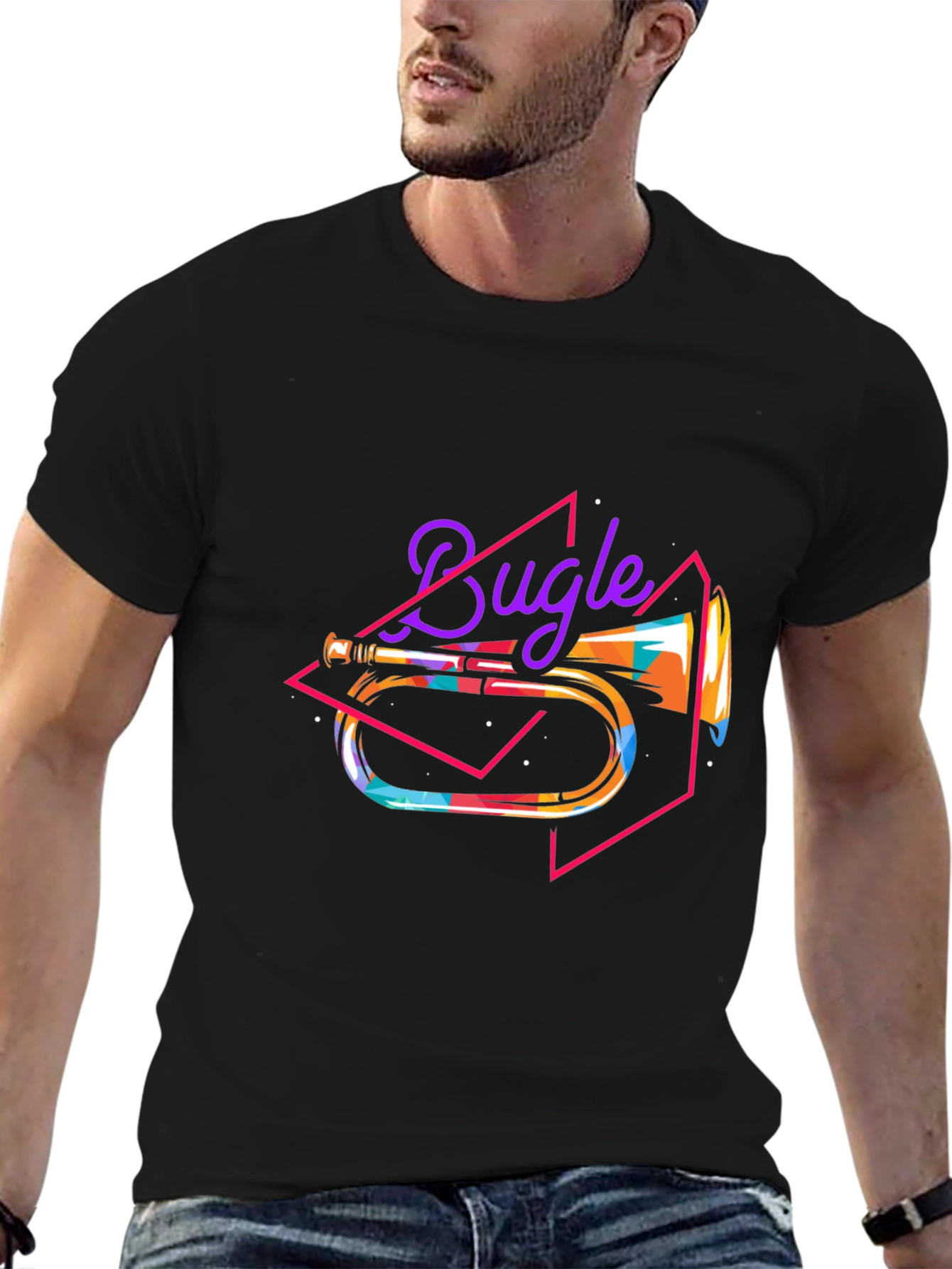 Retro Bugle Graphic Tee - Black Cotton T-Shirt