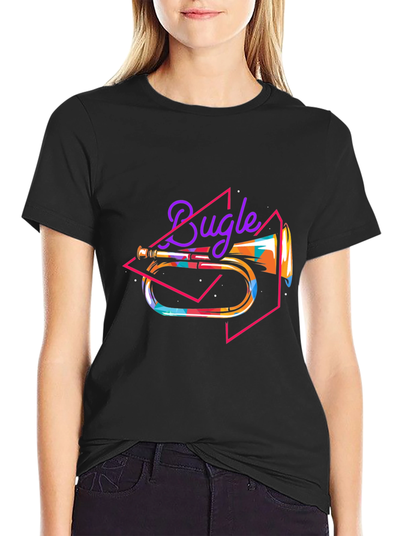 Retro Bugle Graphic Tee - Black Cotton T-Shirt