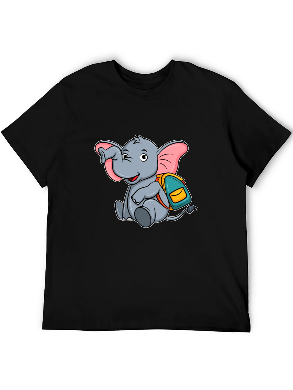 Cute Elephant with Backpack Black T-Shirt