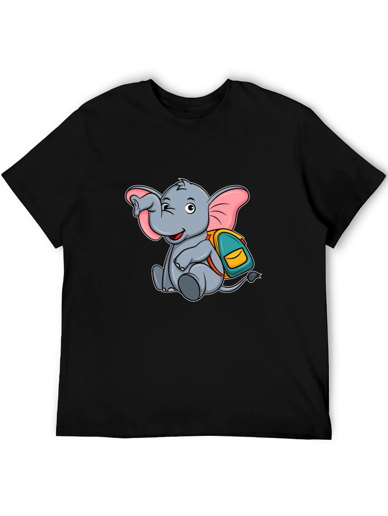 Cute Elephant with Backpack Black T-Shirt