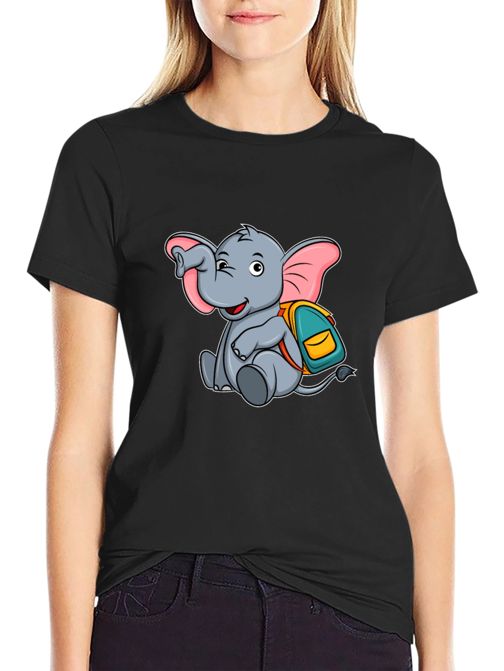 Cute Elephant with Backpack Black T-Shirt