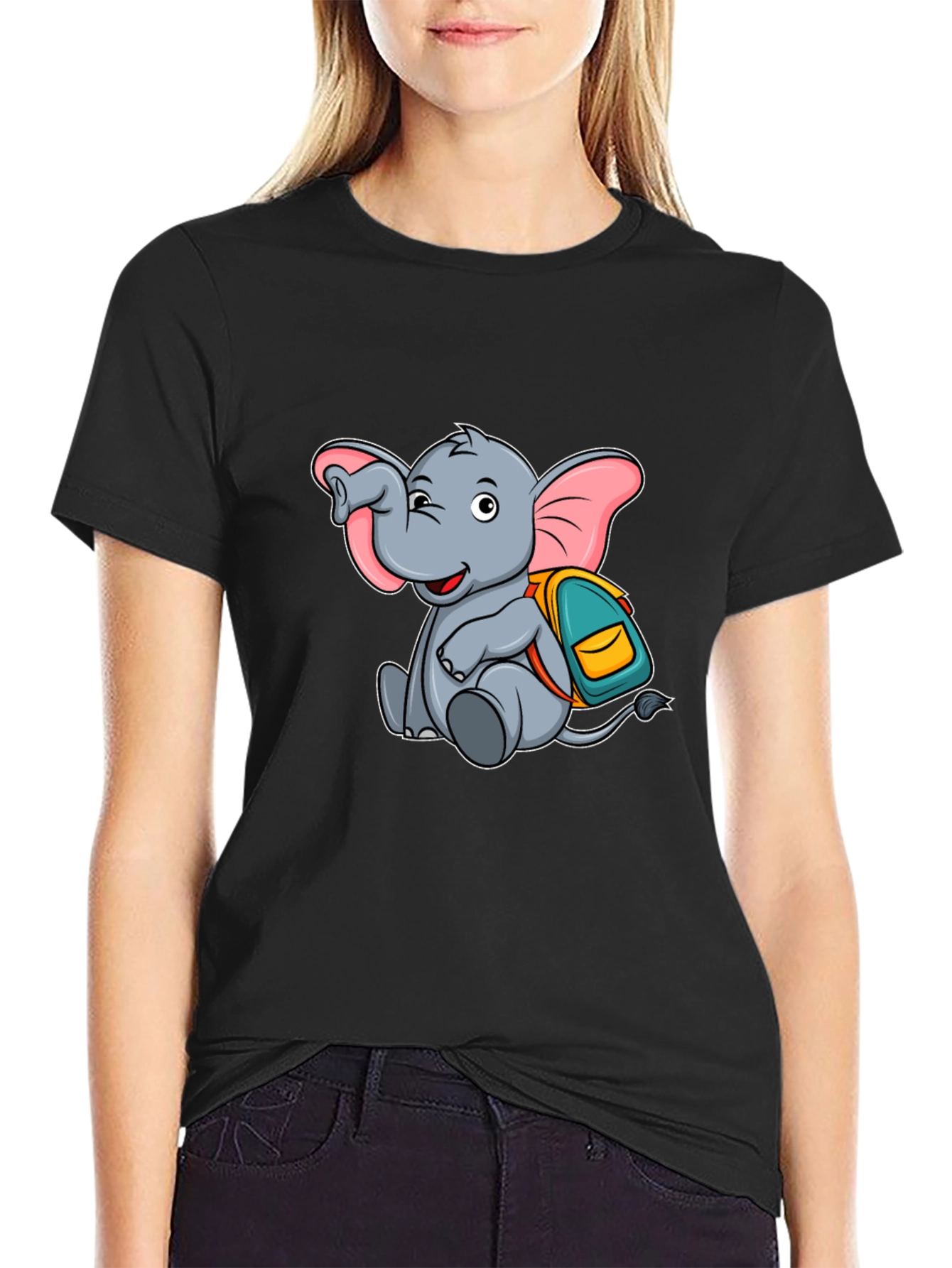Cute Elephant with Backpack Black T-Shirt