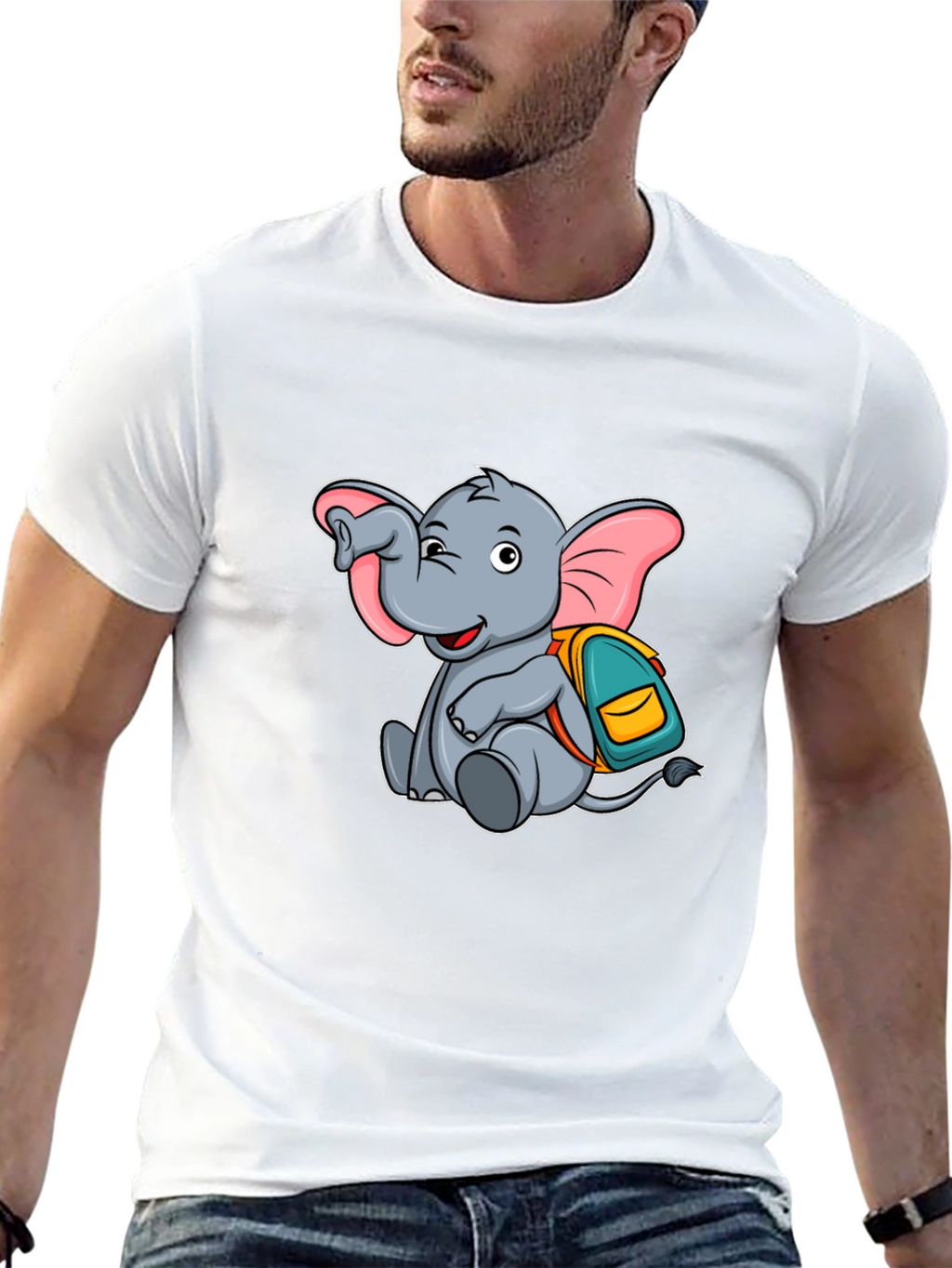 Cute Elephant with Backpack Black T-Shirt