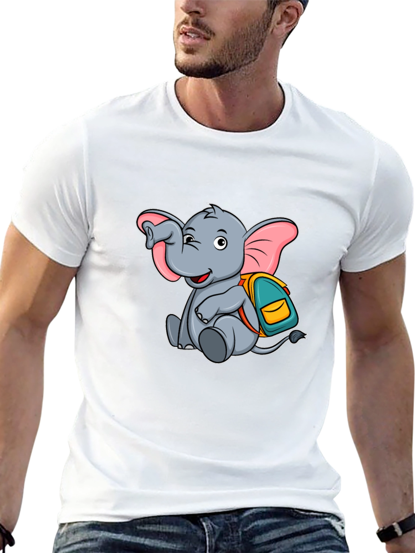 Cute Elephant with Backpack Black T-Shirt