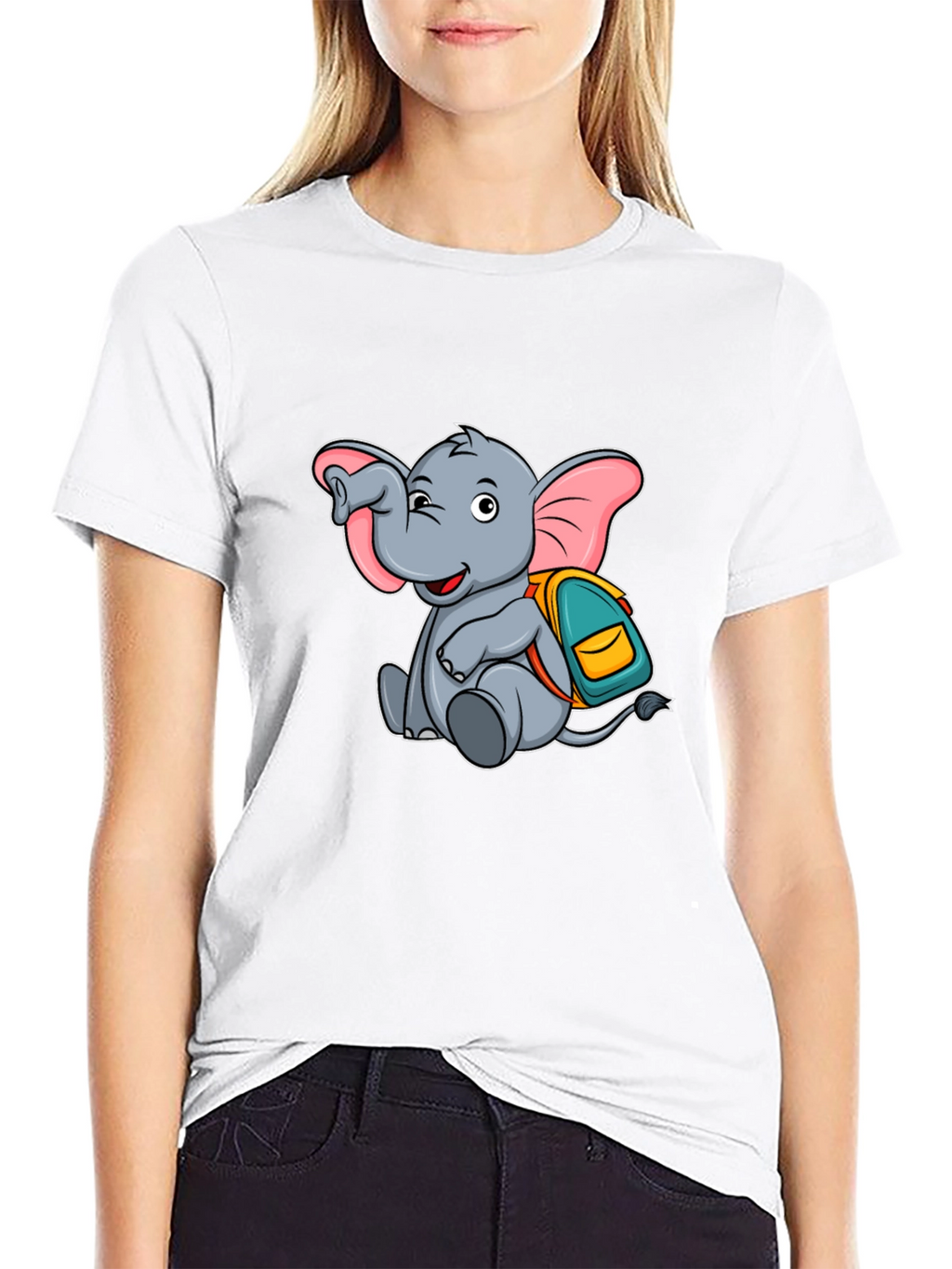 Cute Elephant with Backpack Black T-Shirt