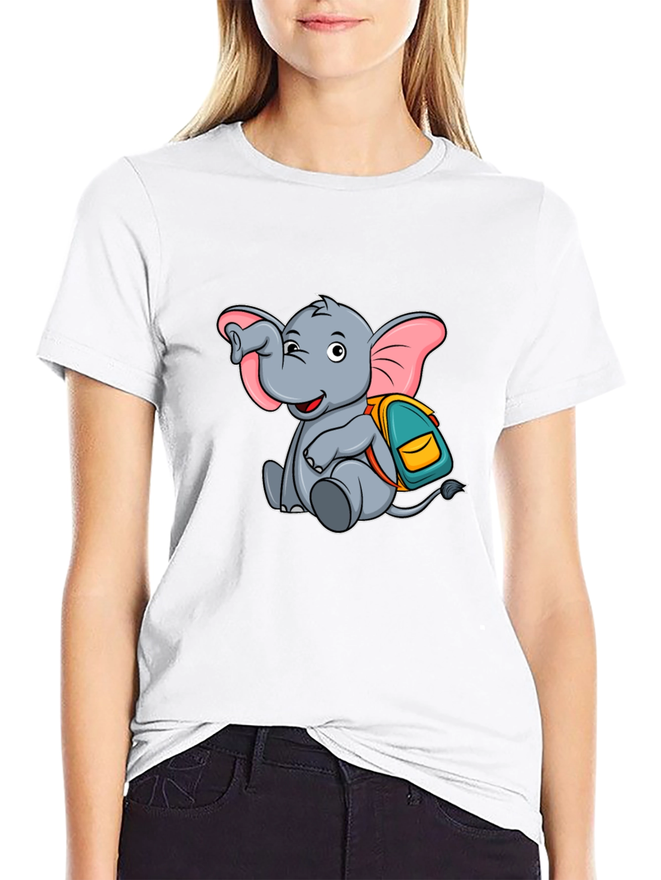 Cute Elephant with Backpack Black T-Shirt