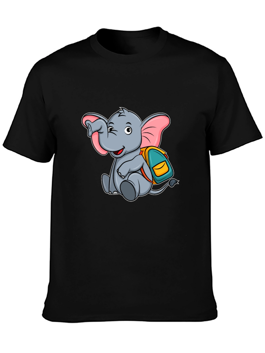 Cute Elephant with Backpack Black T-Shirt