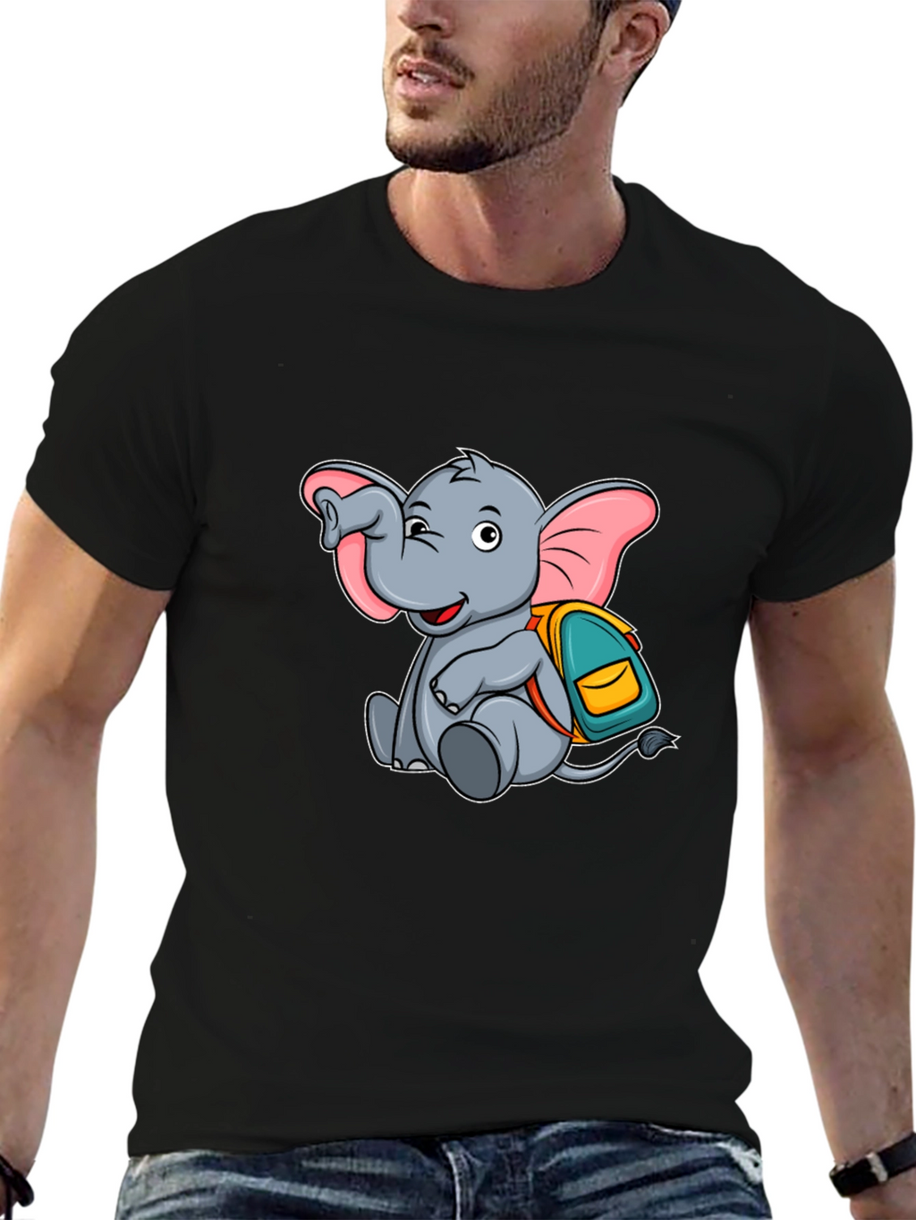 Cute Elephant with Backpack Black T-Shirt