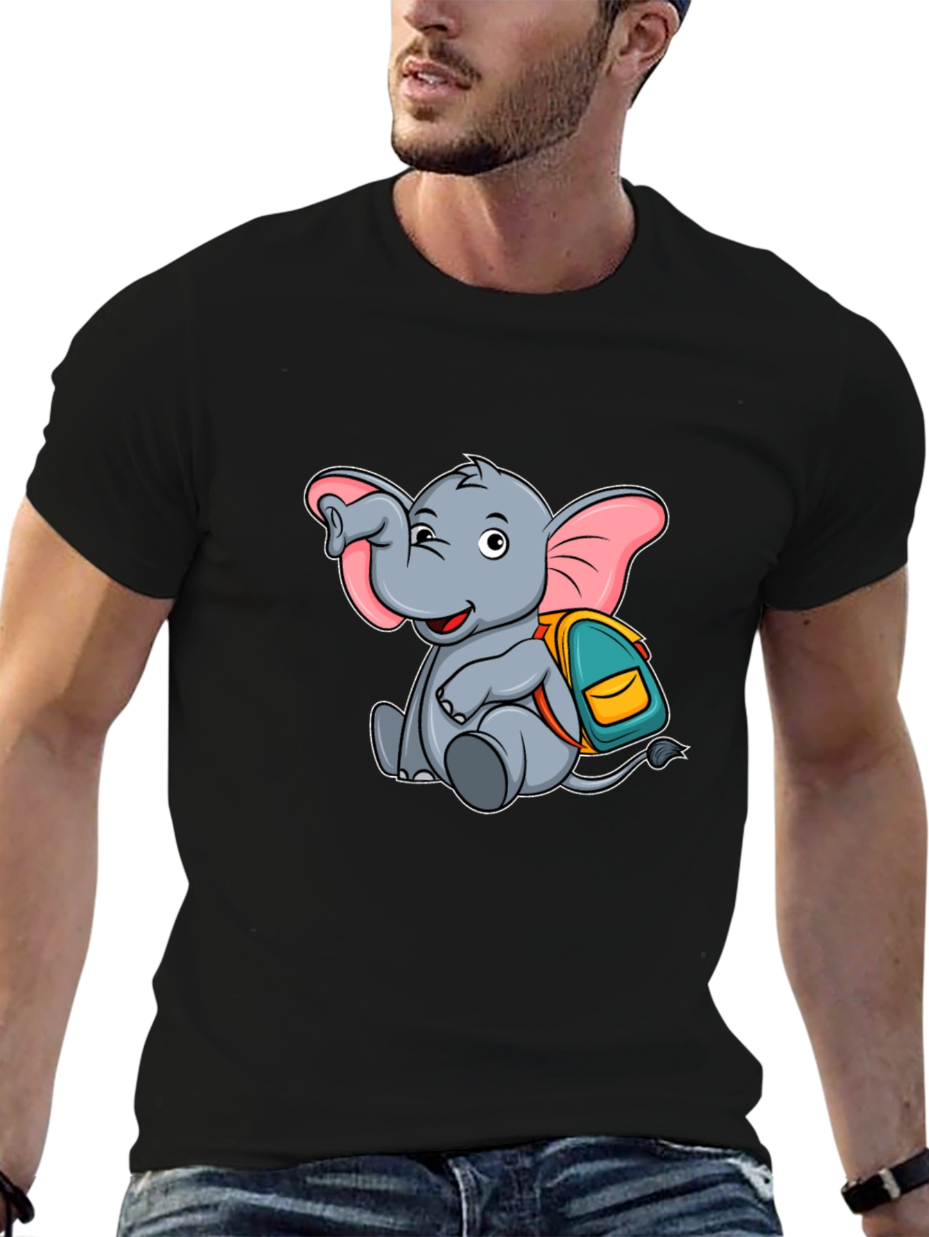 Cute Elephant with Backpack Black T-Shirt