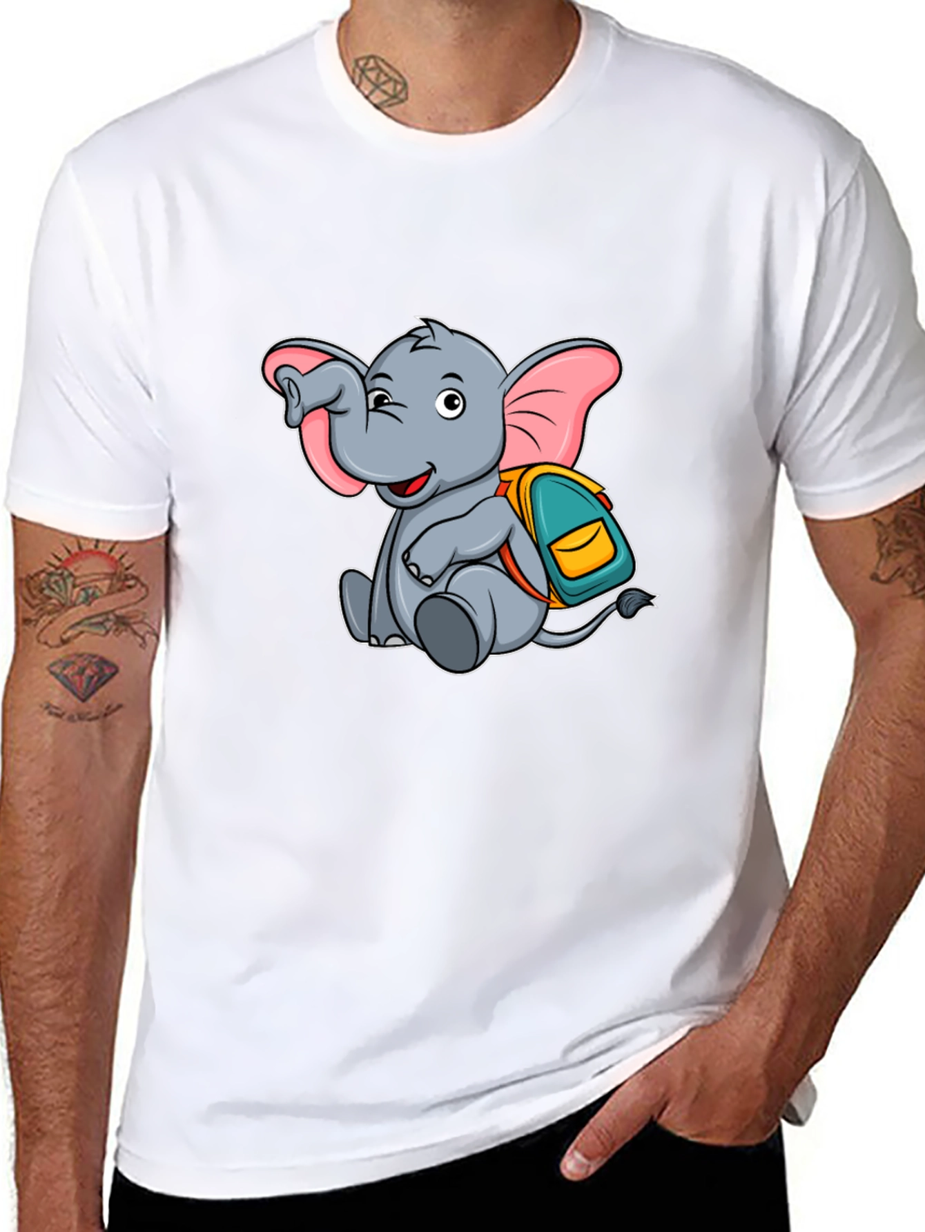 Cute Elephant with Backpack Black T-Shirt