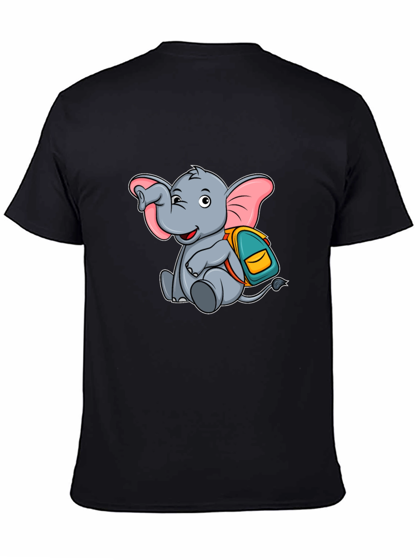 Cute Elephant with Backpack Black T-Shirt