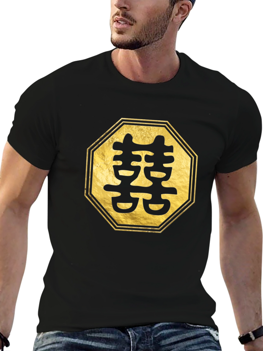 Golden Double Happiness Symbol Black Tee