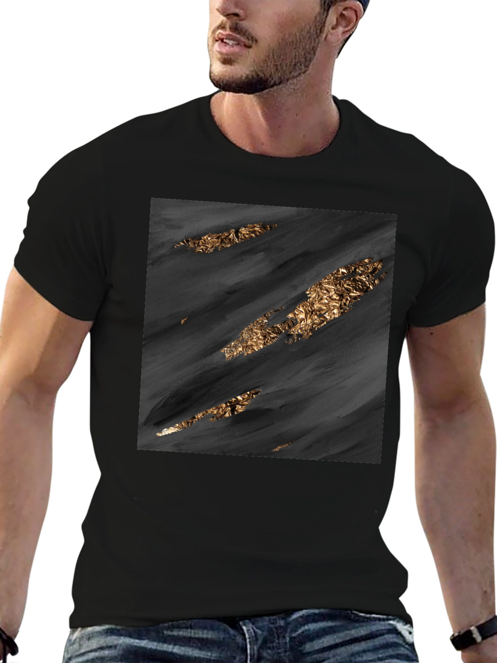 Stylish Black Tee with Abstract Gold Detail